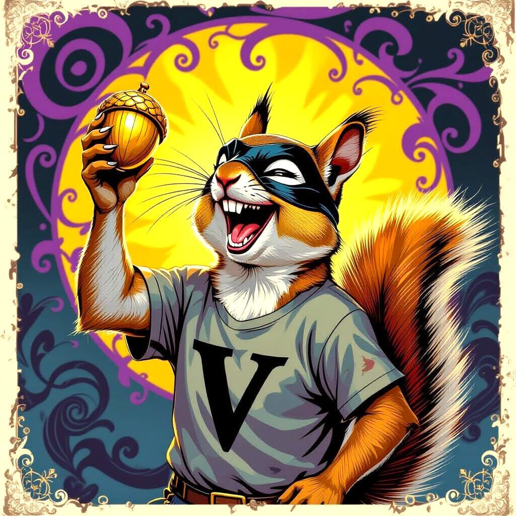 Greedy Squirrel with Golden Acorn, Dark Fantasy Art