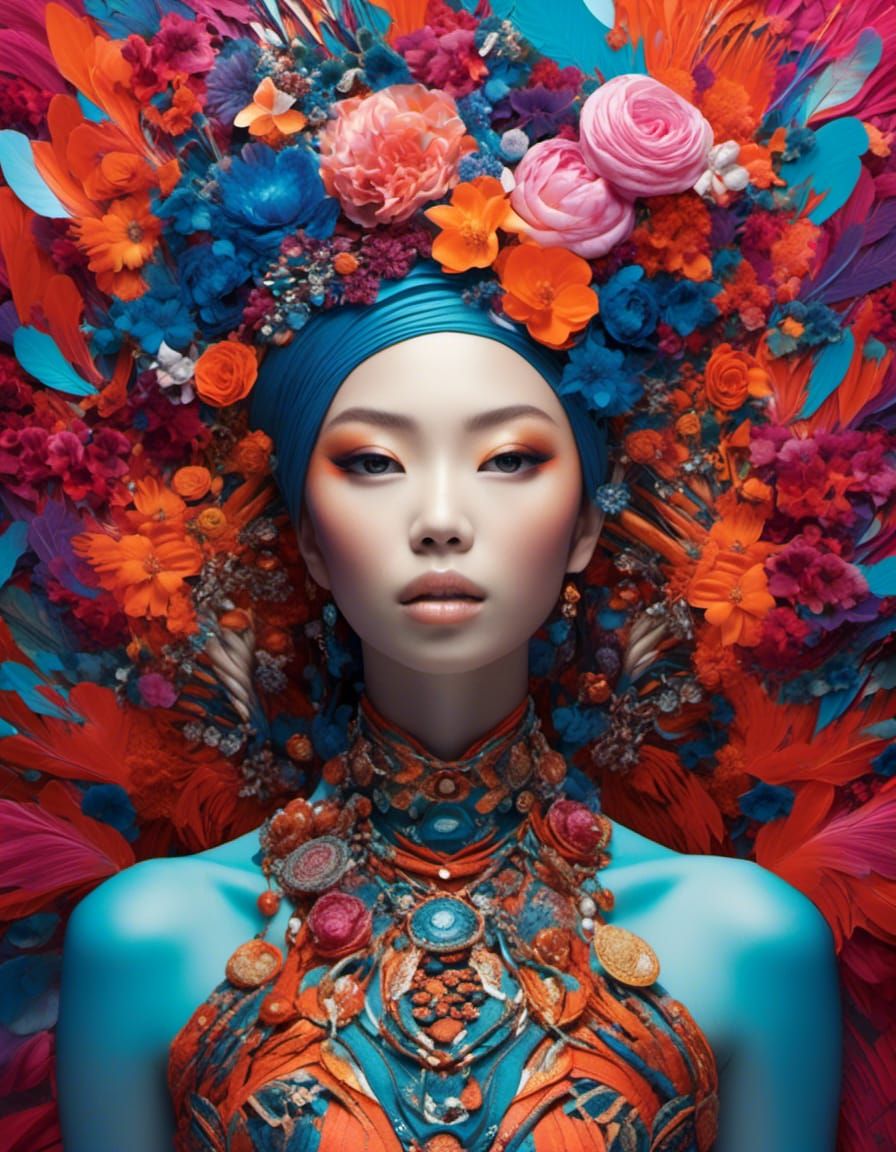 Joyful Girl in Rainbow Garden with Strong Expression