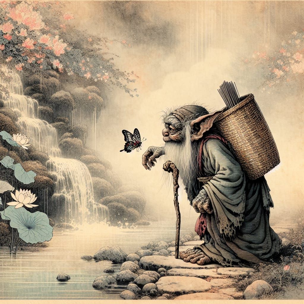 Gremlin and Butterfly in Ukiyo-e Style Watercolour