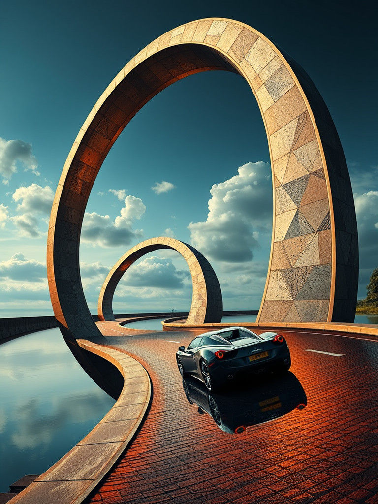 Surreal Helix Bridge with Sports Cars, Dali Style