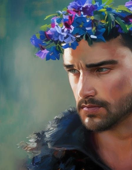 Punk Man with Flower Crown in Oil Painting Style