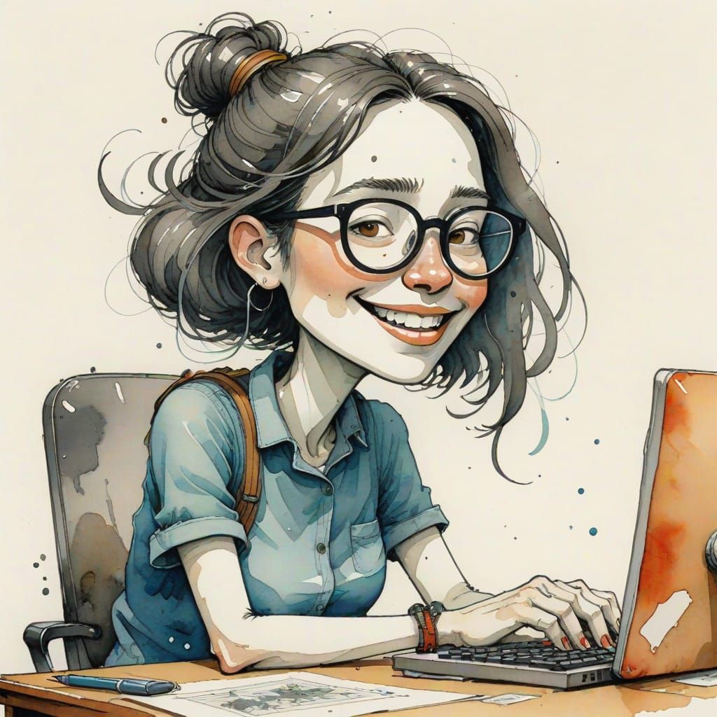 Whimsical Young Woman at a Computer in Minimalistic Watercol...