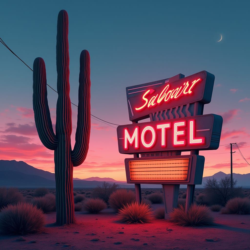 Vintage Neon Desert Motel Sign in Retro-Futuristic Style