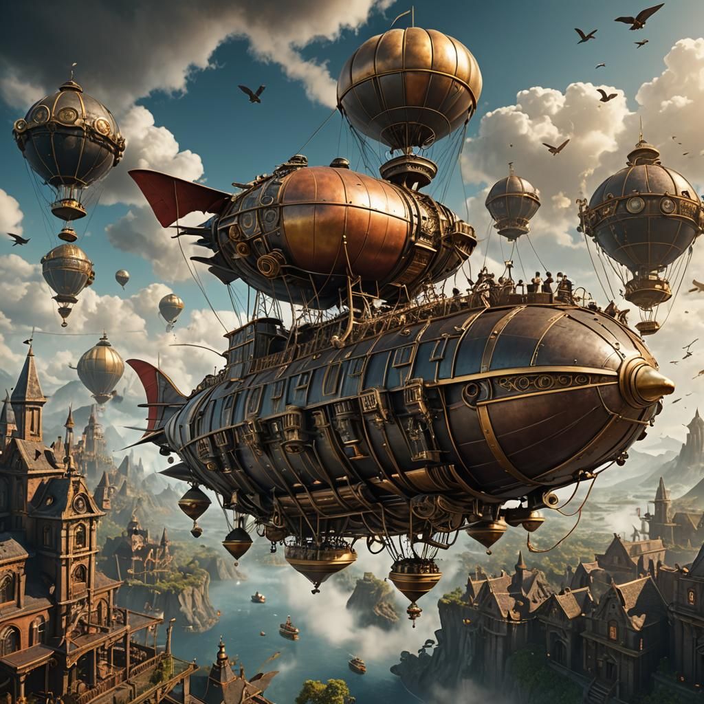 Steampunk Airship Soaring Through Floating Islands