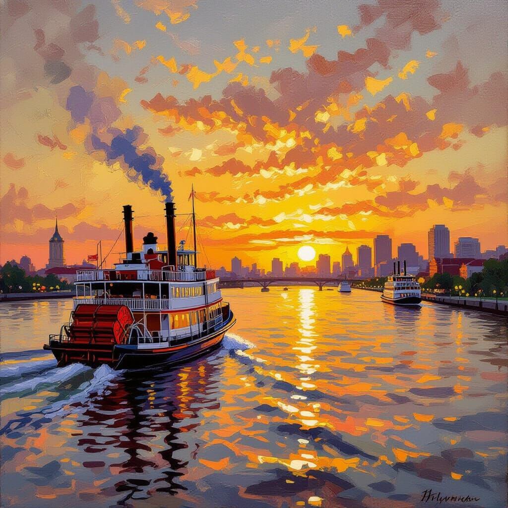 Mississippi River Steamboat at Sunset, Impressionistic Oil P...