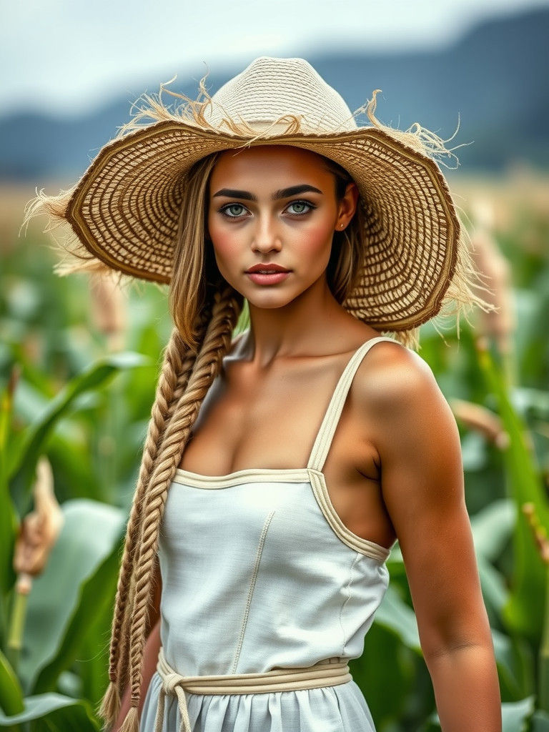 Blonde Woman in Cornfield with Straw Hat