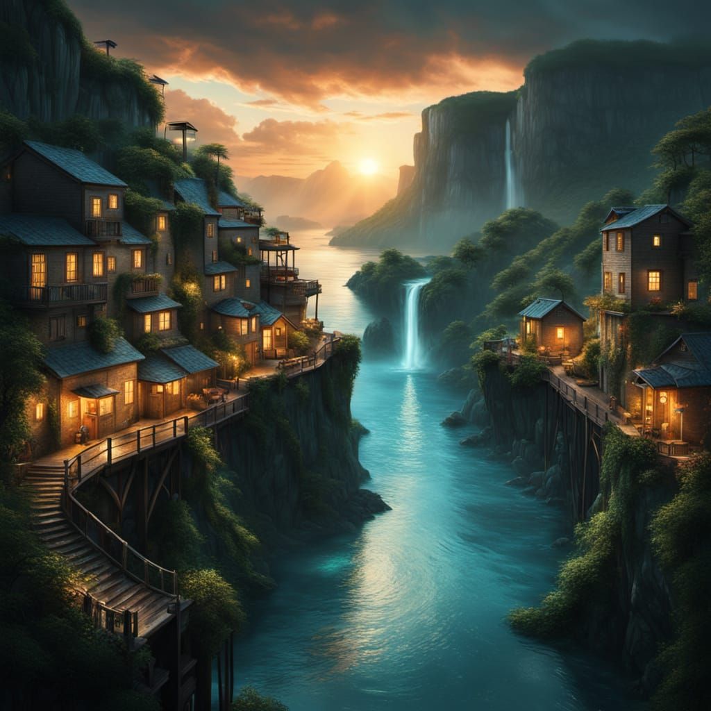 Fantasy Coastal City at Sunrise: Digital Art