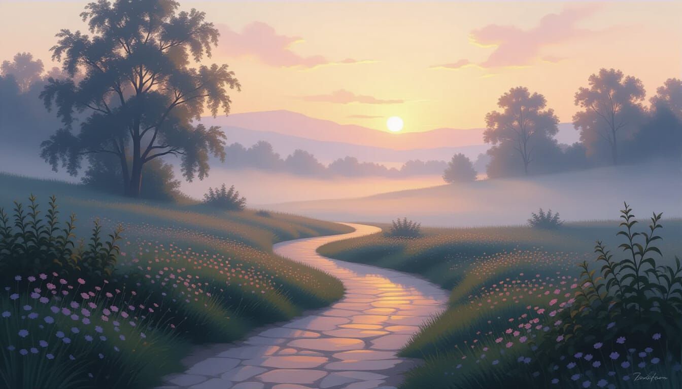 Ethereal Path Through Misty Landscape at Dusk