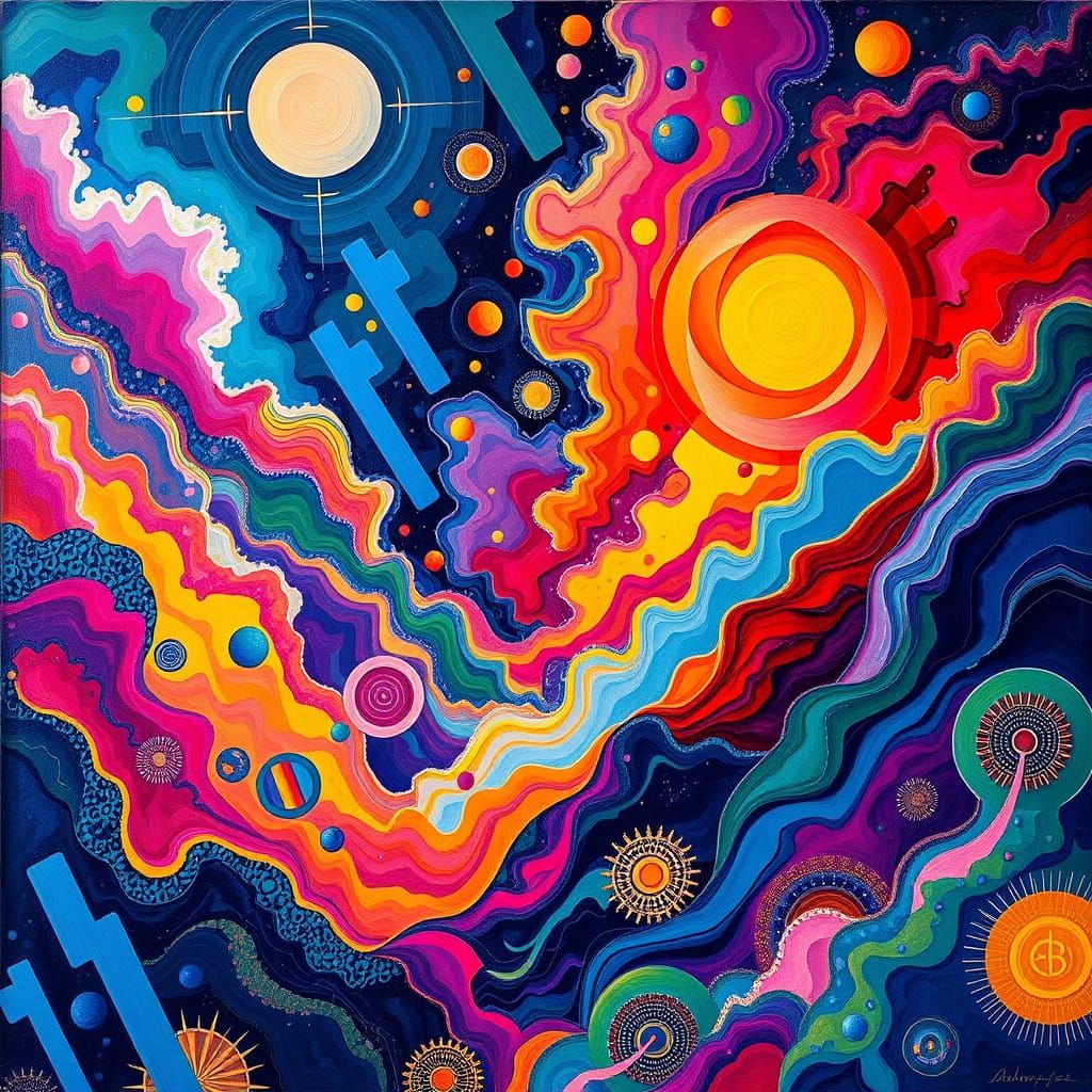 Vibrant Dreamlike Scene with Intricate Patterns and Geometri...