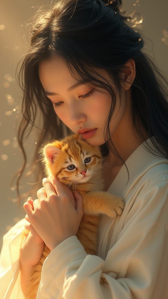 Ethereal Fantasy Scene with Gentle Spirit Cat and Serene Asi...