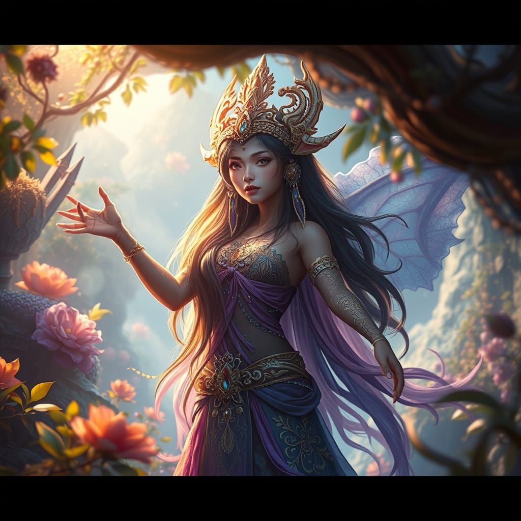 Mystical Asian Goddess in Vibrant Matte Painting Style