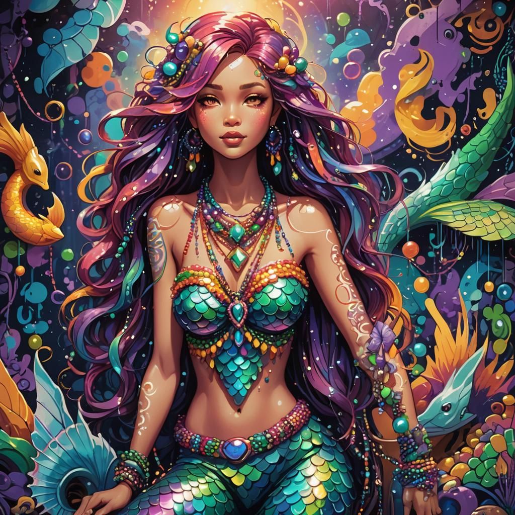 Anime Mermaid in Graffiti Art with Mardi Gras Beads