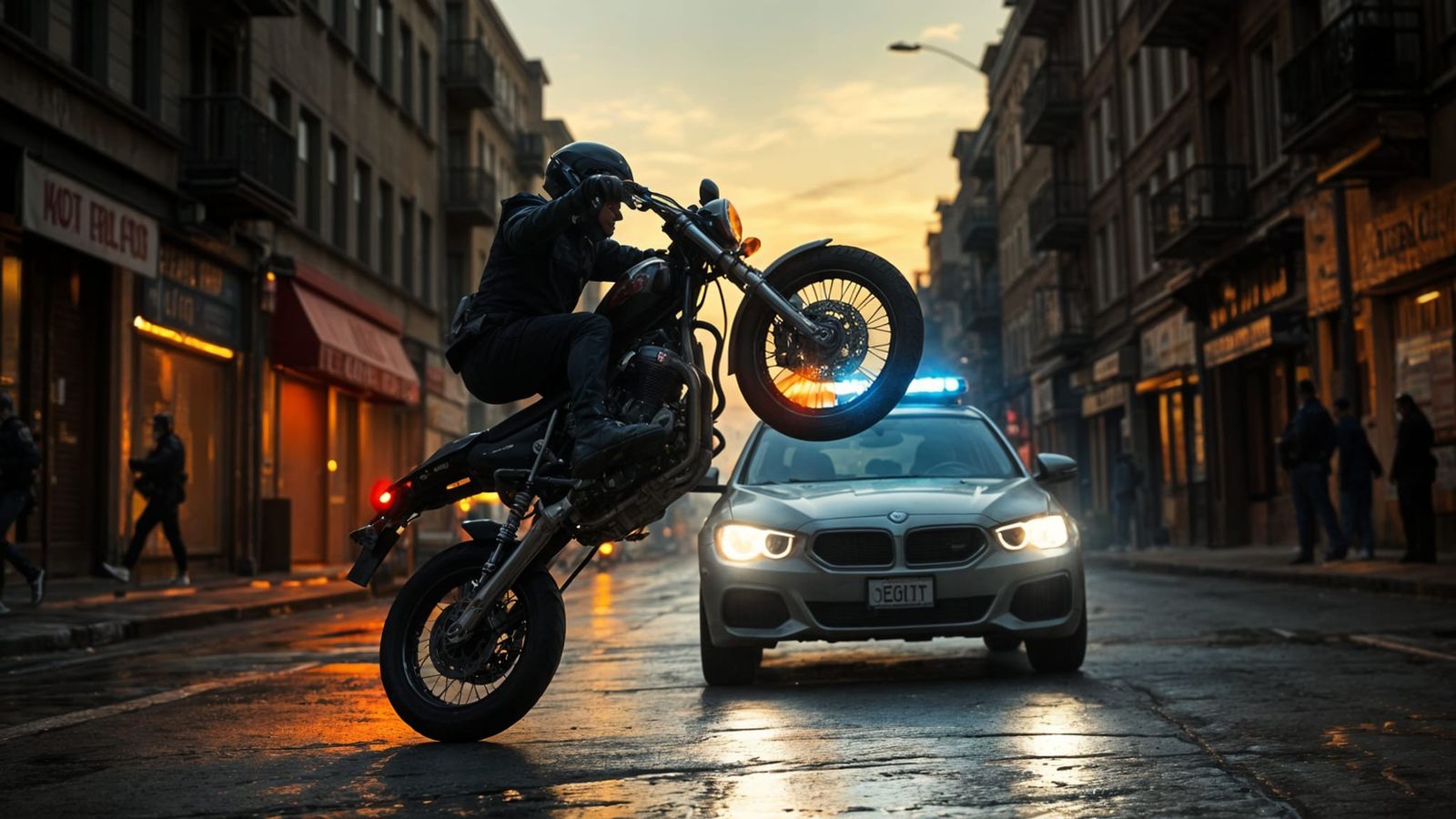 Motorcycle Daredevil Evades Police in Cinematic Film Still