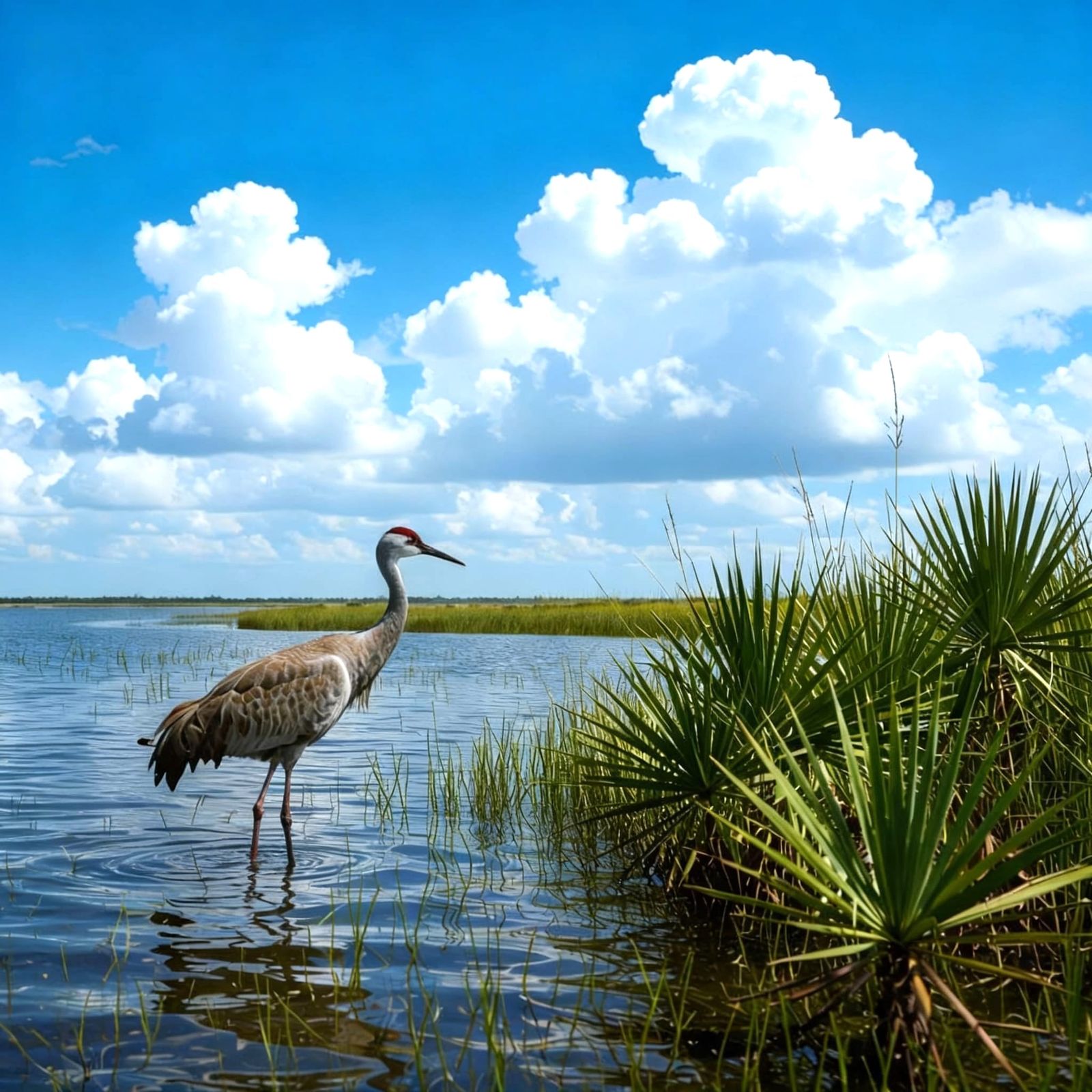 Sandhill Crane Searches for Food in Estuary