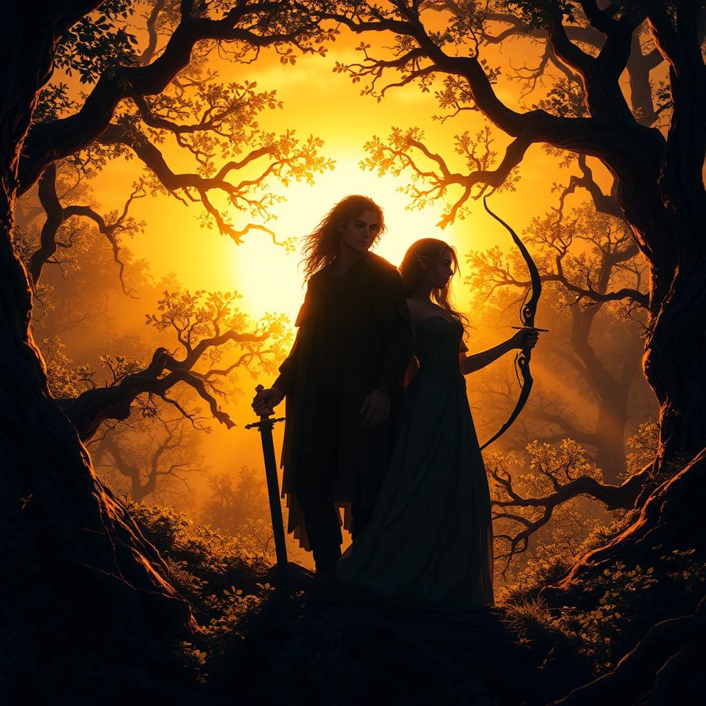 Beren and Luthien in Mystical Forest, Fantasy Art
