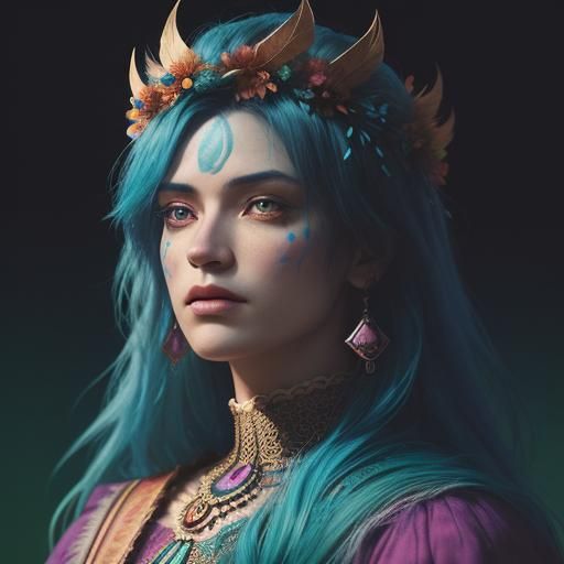 Peacock Woman Portrait with Orange Floral Crown