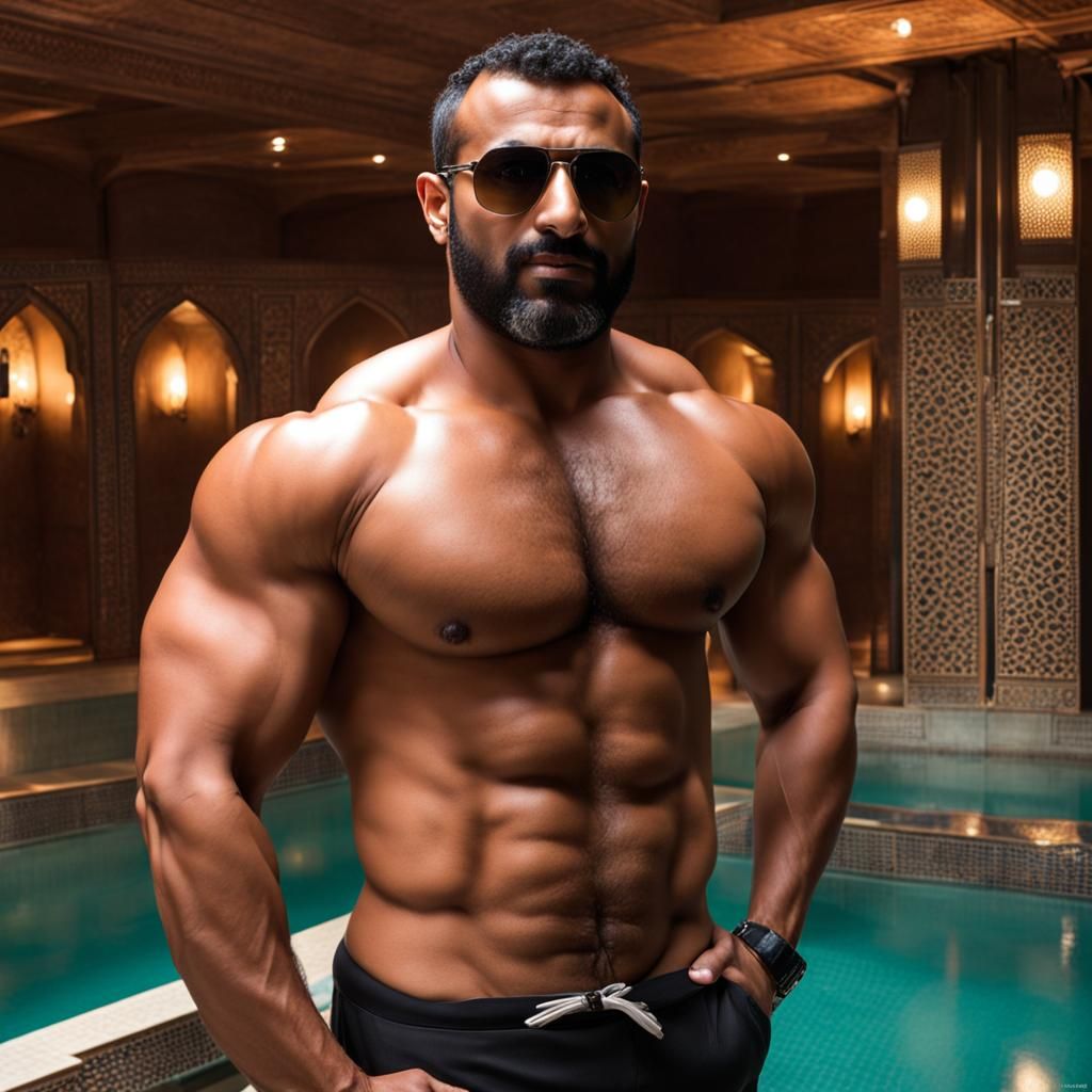 Dark and Muscular Arab Man in Traditional Hamam