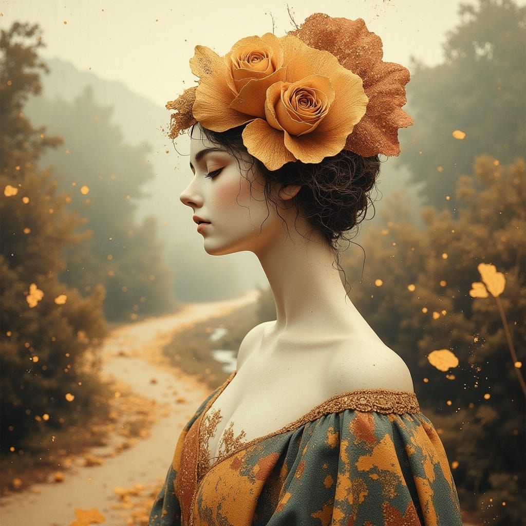 Philosophical Rose Sculpture in Dreamy Landscape