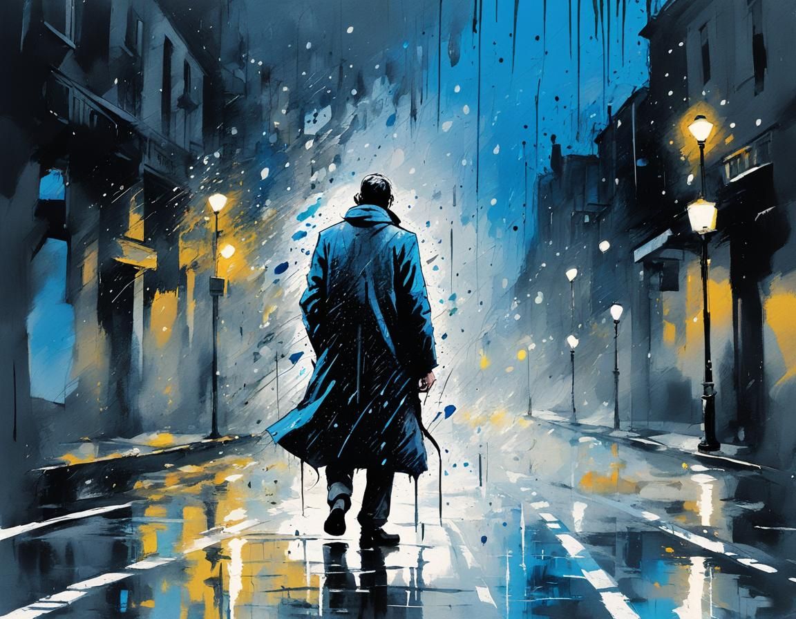 Figure in Rainy City Street as Ink Splatter Art