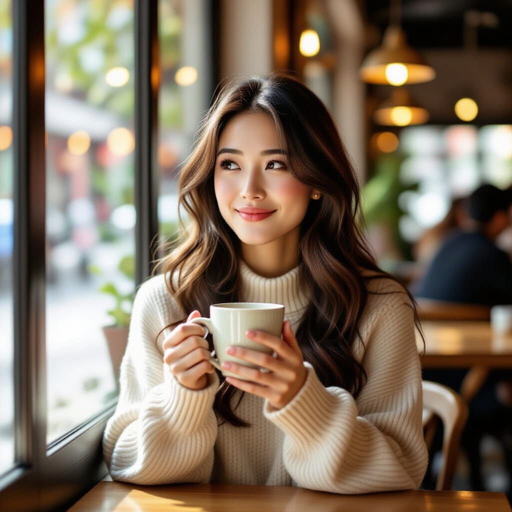 Asian Woman in Cozy Cafe with Bokeh Sunlight