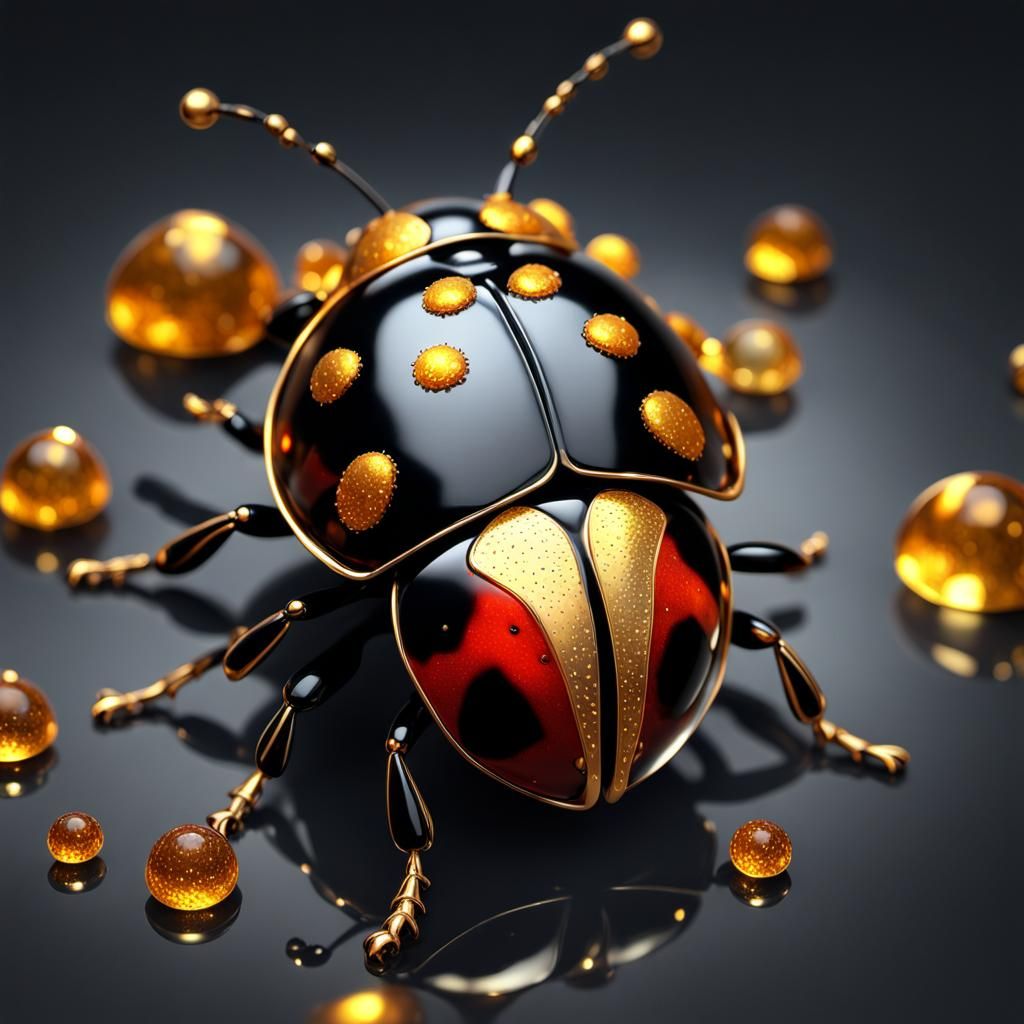 Black Amber Ladybug with Golden Details