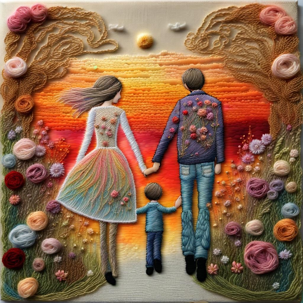 Embroidered Couple Walking at Sunset: Glittery Mixed Media