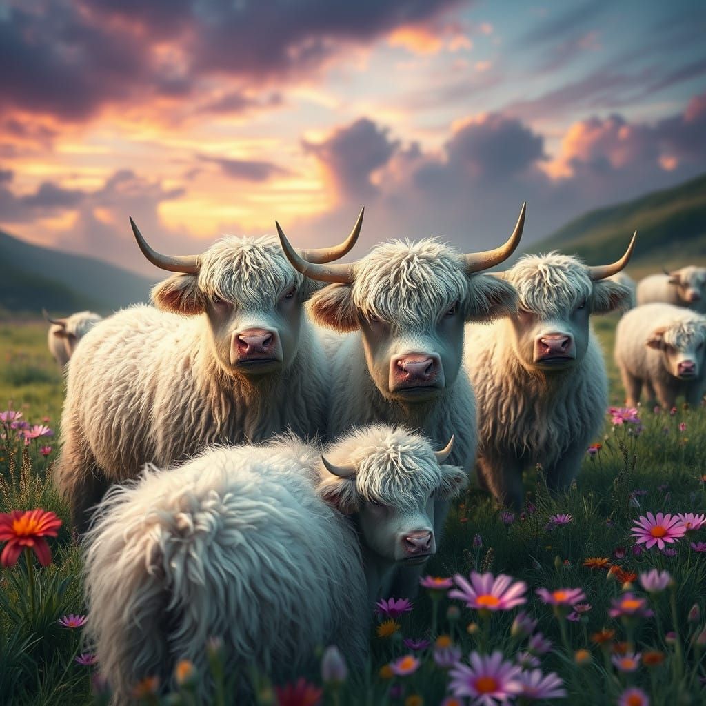 Dreamlike Highland Cows in Vibrant Fantasy Landscape