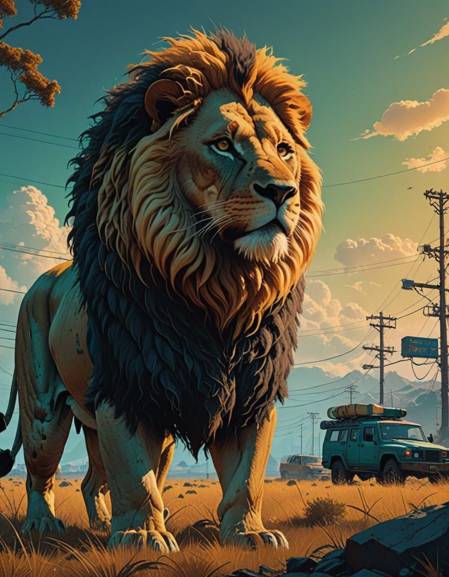 Majestic Lion in Whimsical Fantasy Realm