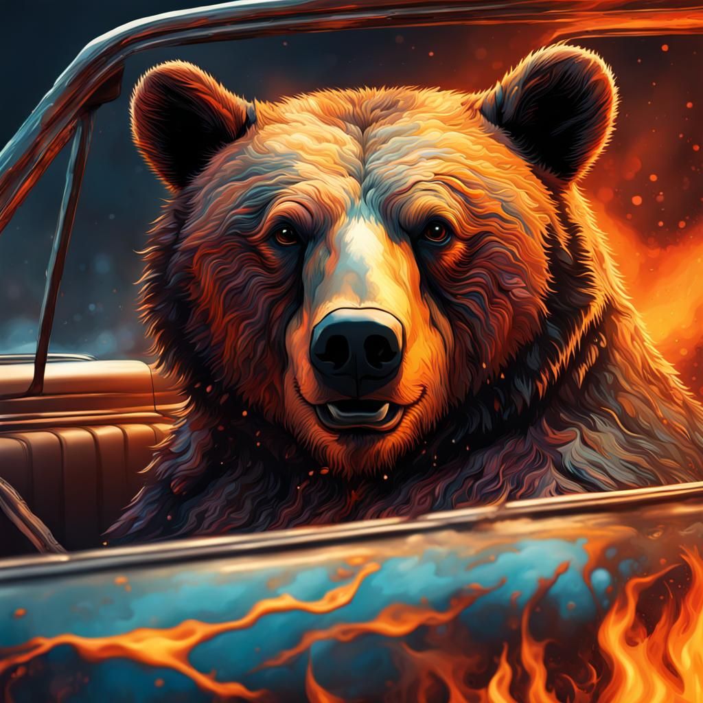 Hyperrealistic Bear in Burning Car Concept Art