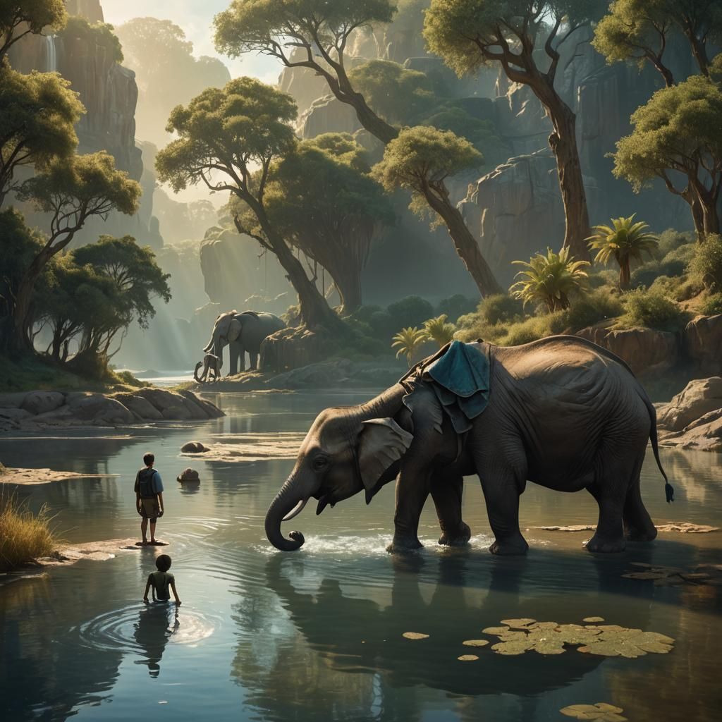 Boy and Elephant in River: Fantasy Digital Art