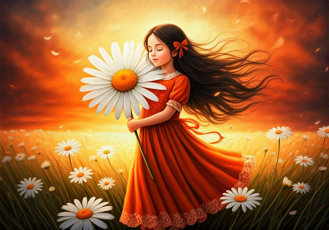 Whimsical Girl in Orange Dress Holding Giant White Daisy