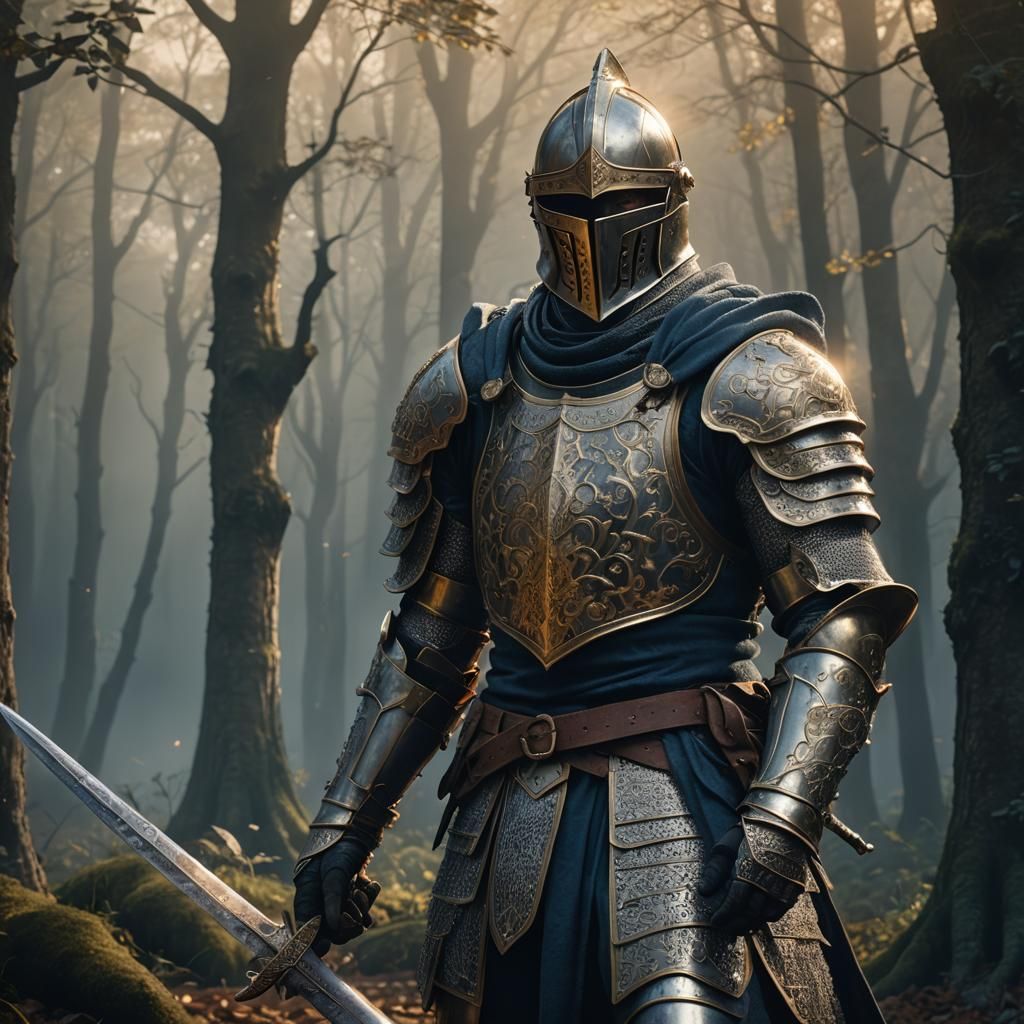 Medieval Knight in Misty Forest: Digital Matte Painting