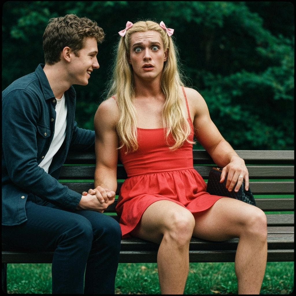 Worried Handsome Man with Blonde Hair in Dress on Park Bench