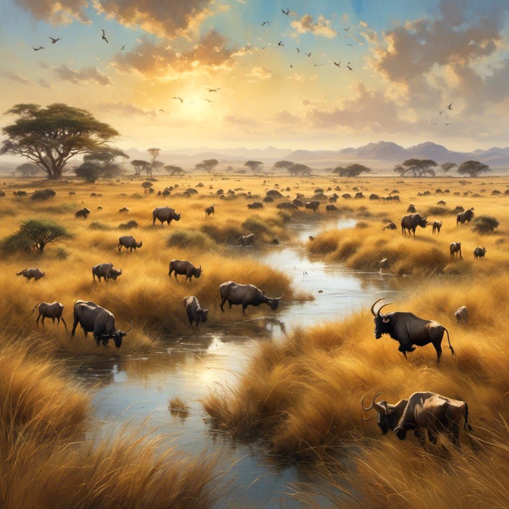 Expansive Savannah with Gnus Crossing River