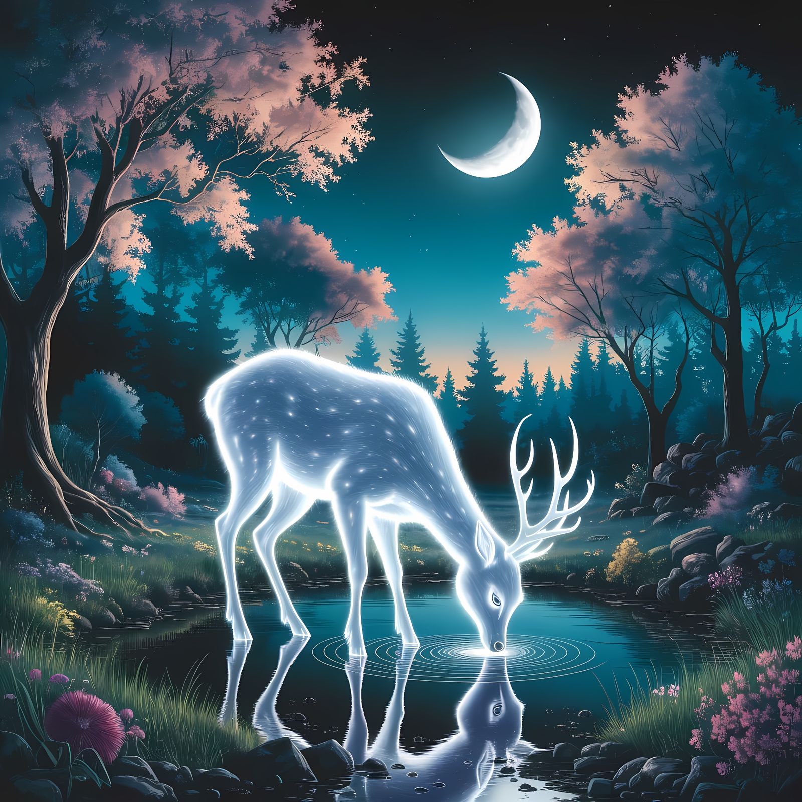 Luminous Deer Drinking in Enchanted Forest