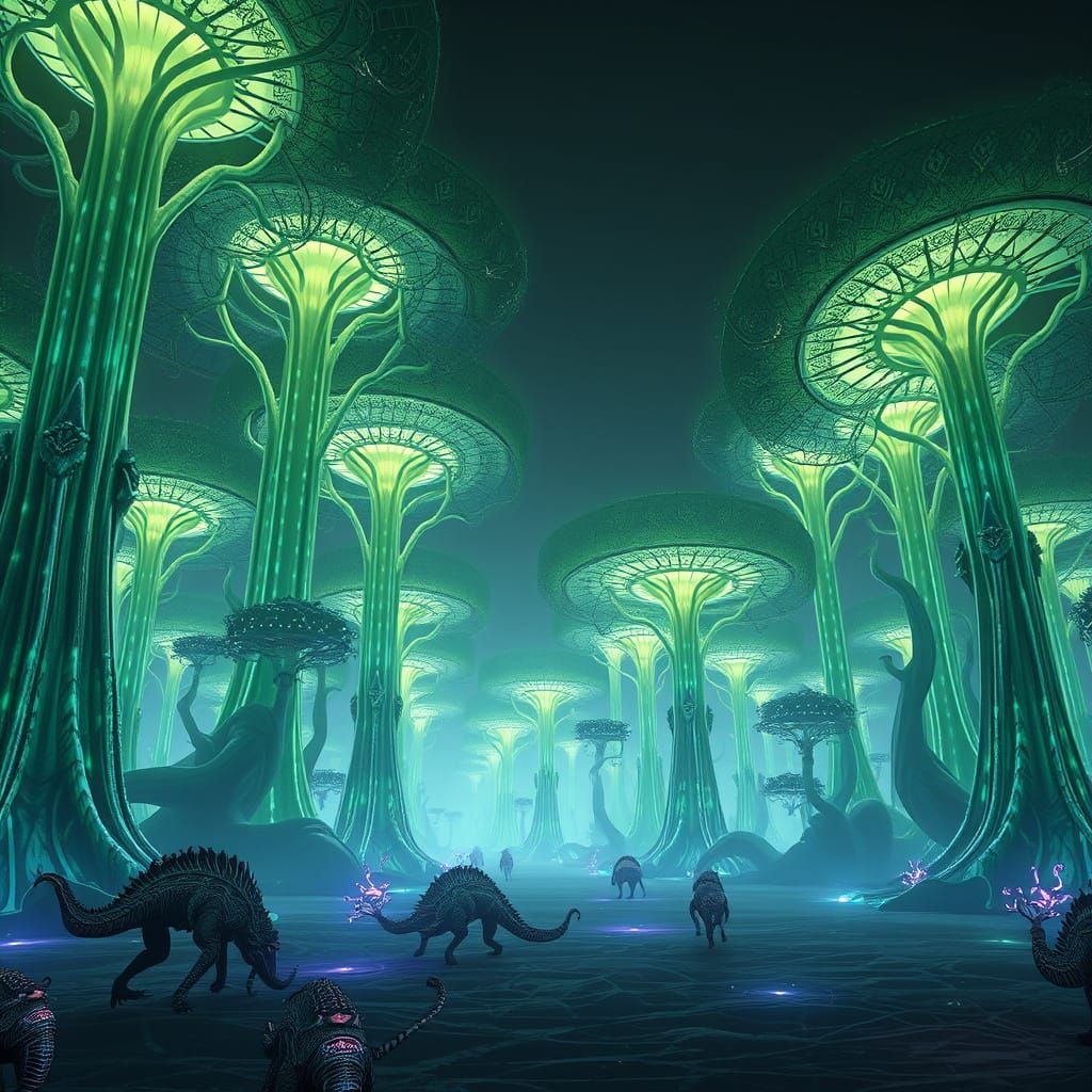 Ethereal Glow of an Alien Bioluminescent Forest