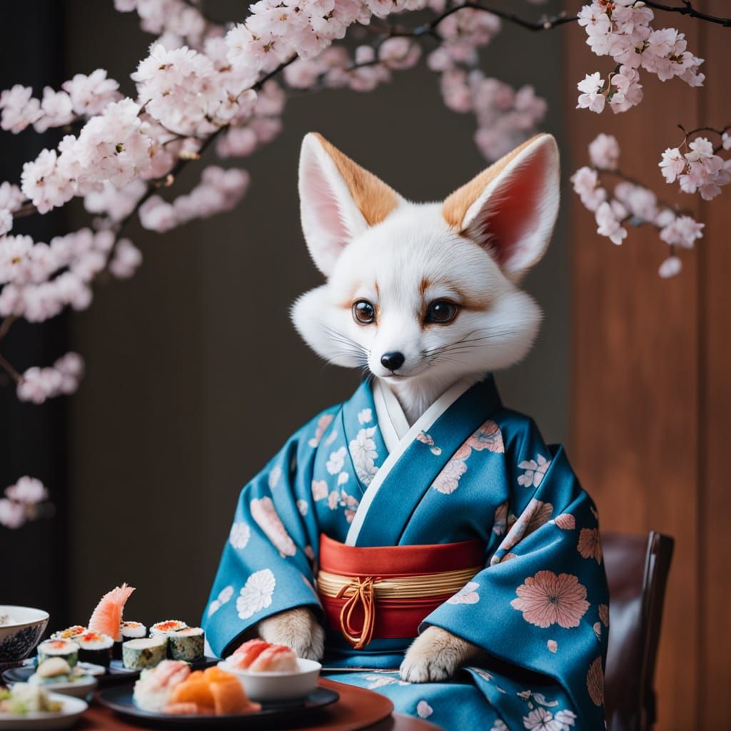 Regal Fennec Fox Savoring Sushi in Elegant Kimono