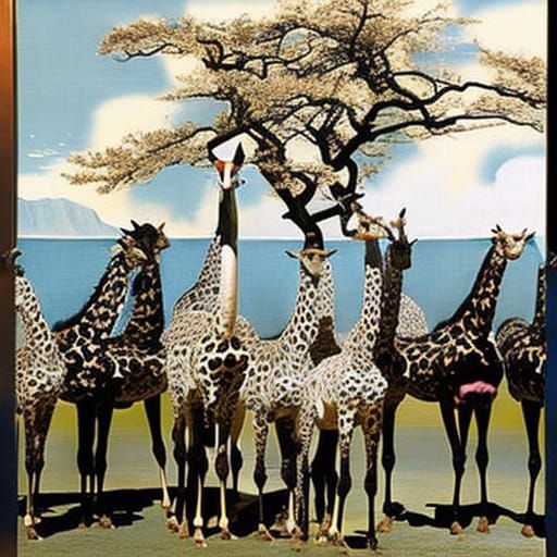 Surreal Cherry Orchard with Black Giraffes