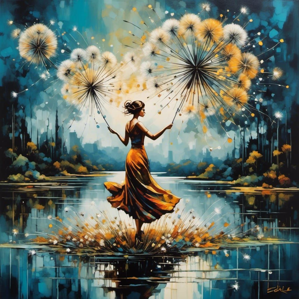 Woman Dancing on Lake: Surreal Cel-Shaded Splash Art