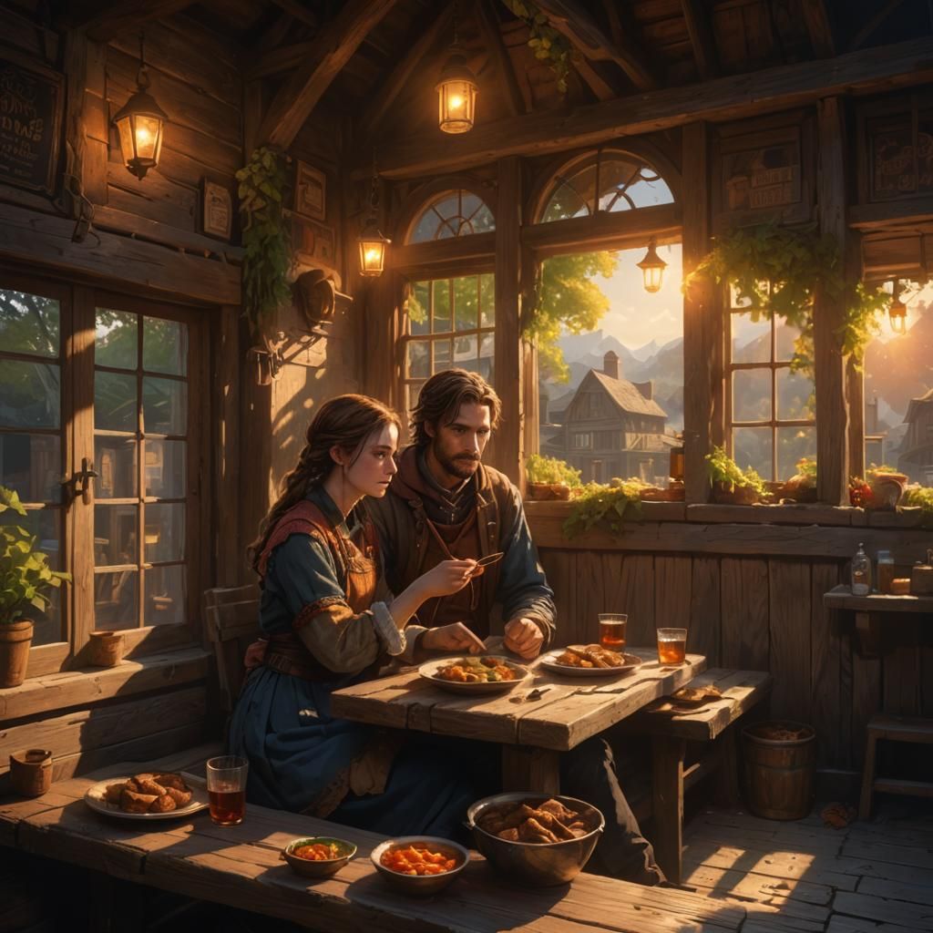 Travellers Eating Stew in Tavern with Volumetric Lighting