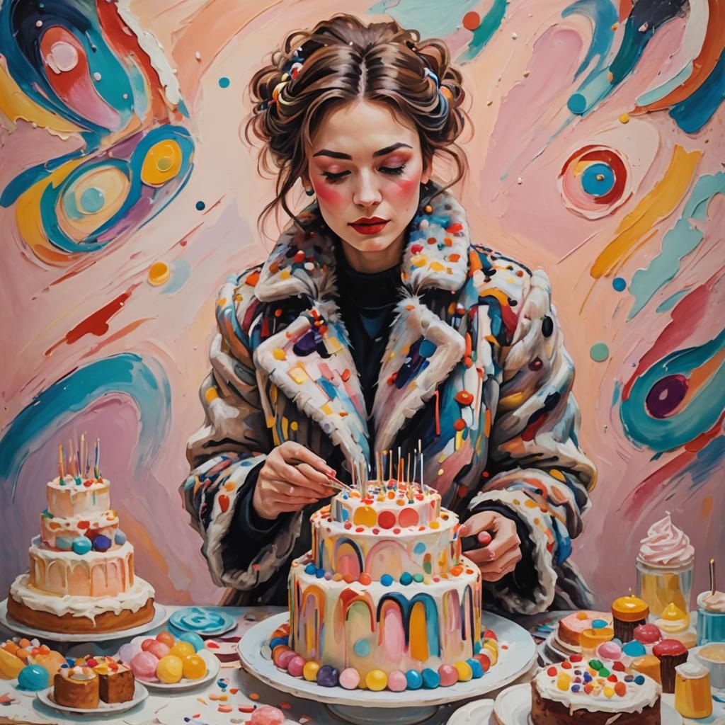 Expressionist Woman Decorating Cake in Kandinsky Style