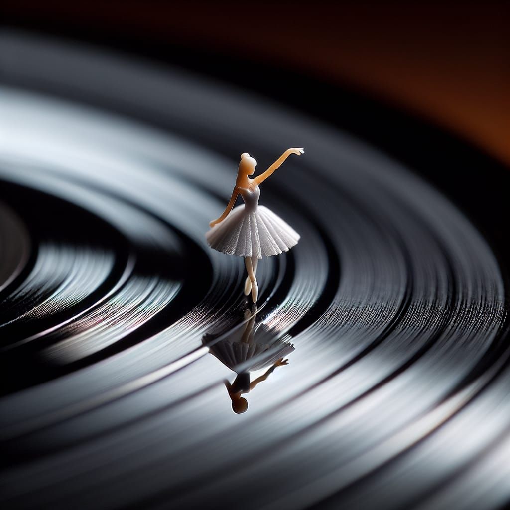 Macro Photo of Miniature Ballerina Dancing on Vinyl