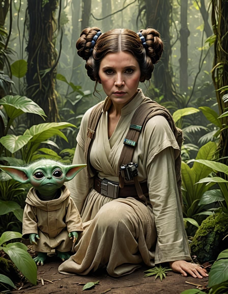 Princess Leia and Baby Yoda in Jungle
