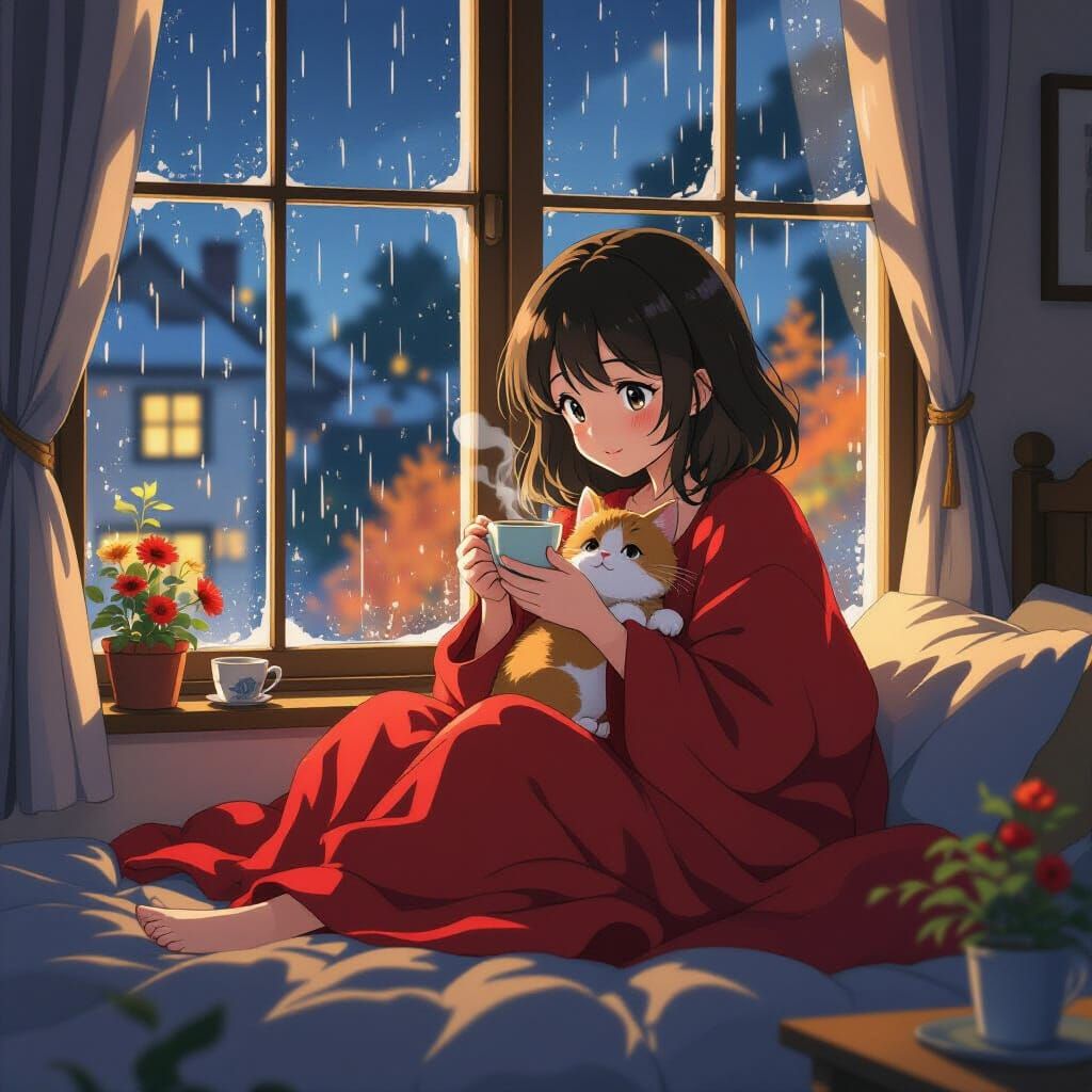 Cozy Anime Woman with Kitten and Tea, Autumn Rain