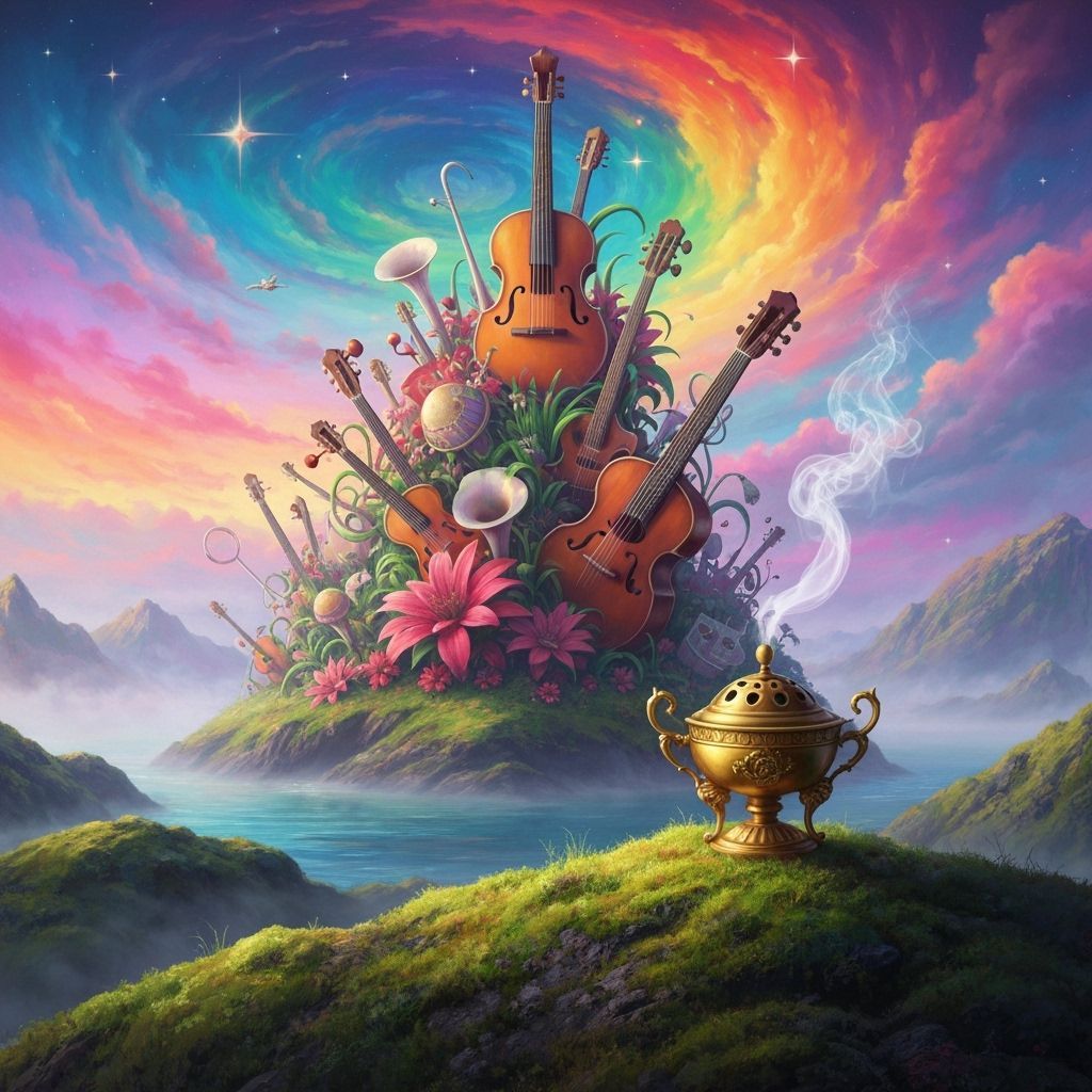 Surreal Island of Musical Flora in Psychedelic Skies