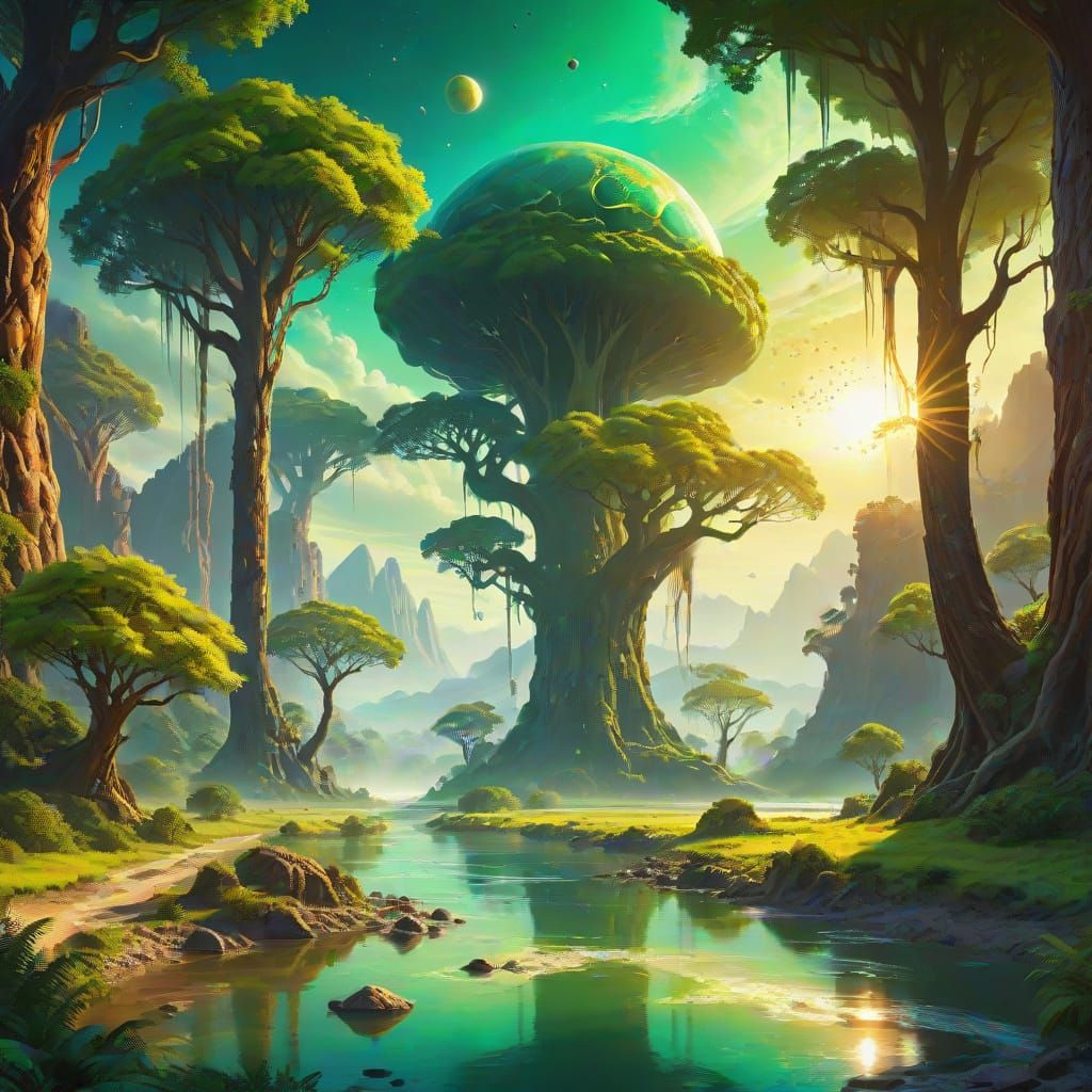 Alien Planet with Giant Trees in Oil Painting Style