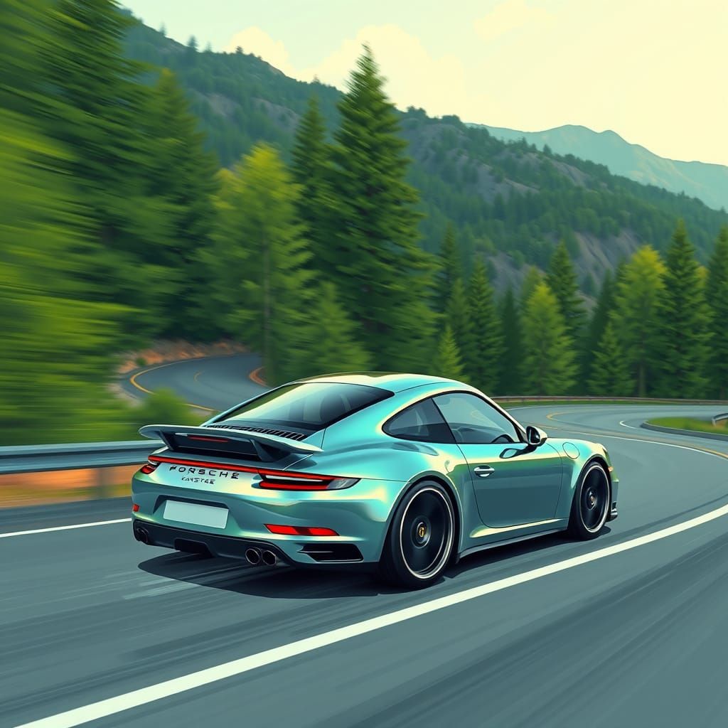 Cyberpunk Porsche Speeds Down Winding Mountain Road
