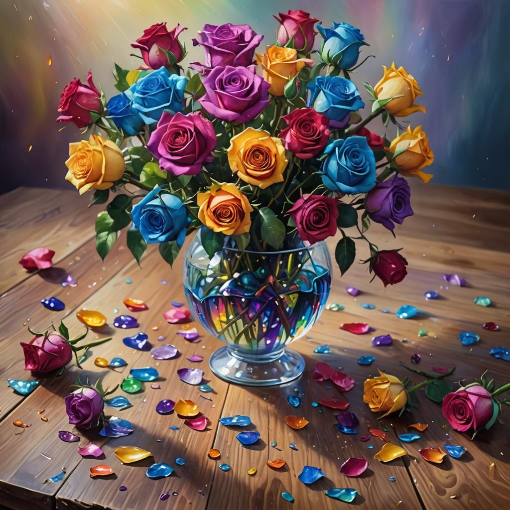 Rainbow Roses Still Life in Oil Painting Style