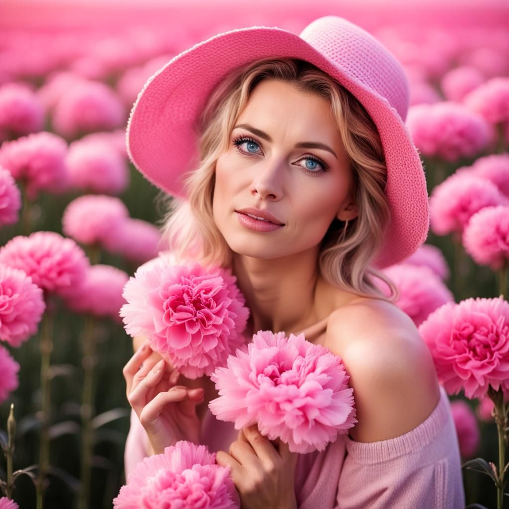 Woman in Pink Carnations Under a Blue Sky