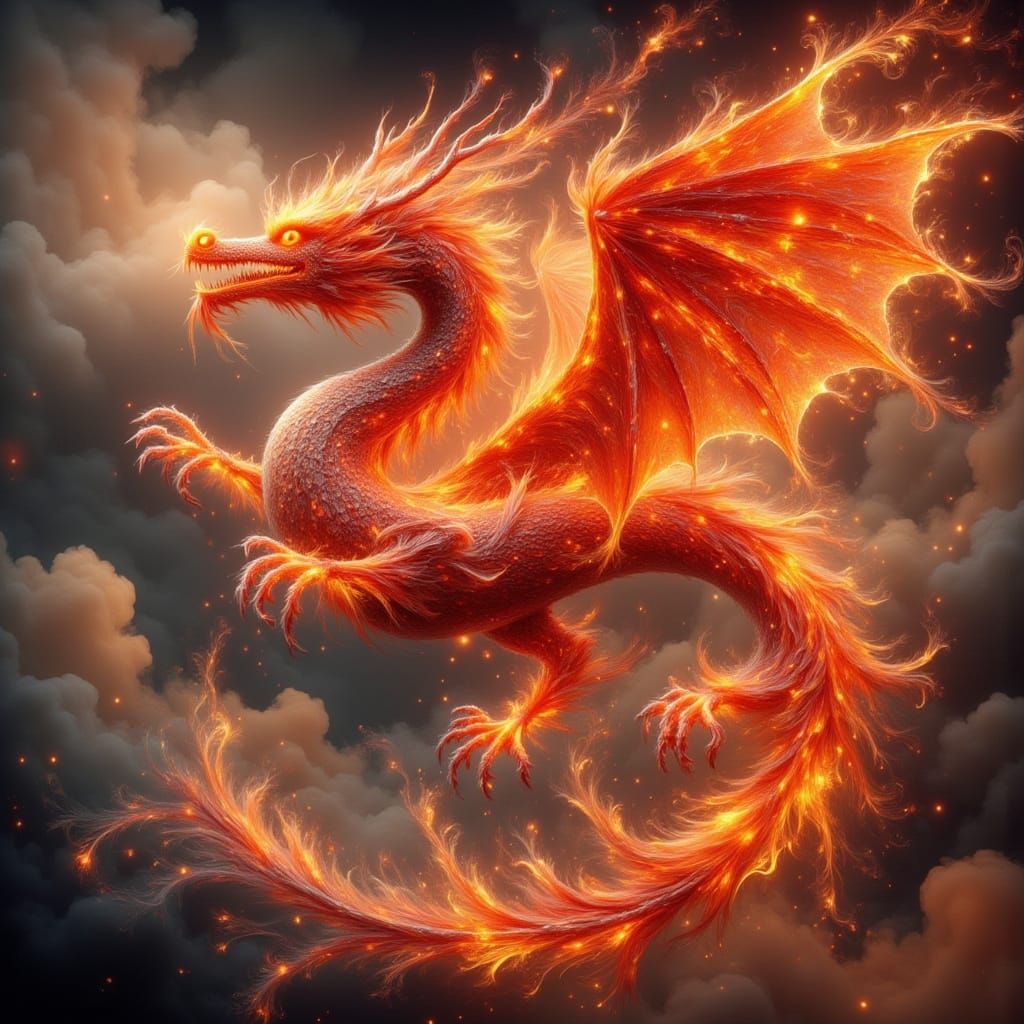 Fiery Asian Dragon in Flight with Smoky Background